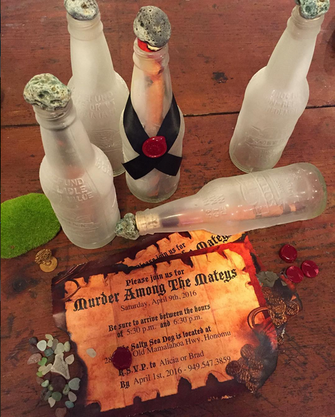 Murder Among the Mateys Message in a bottle invitation